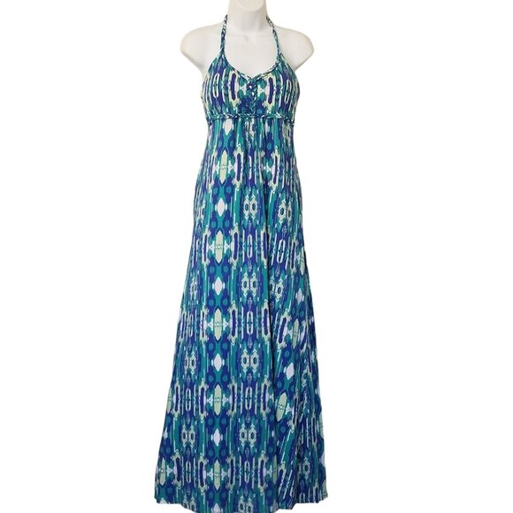 Soybu Dress Dhara Maxi Jersey Stretch Braid Halter L Blue Print Sundress Beach - Picture 4 of 9